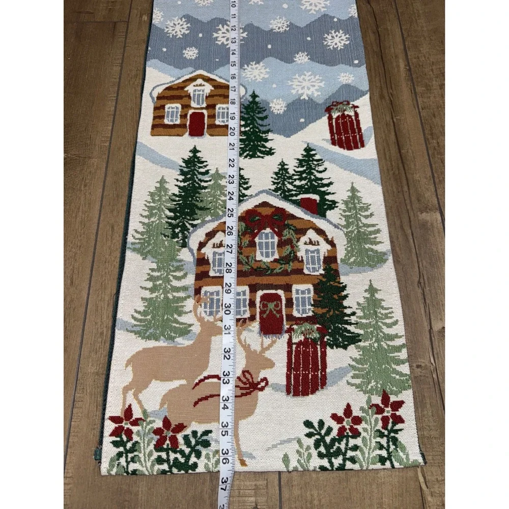 Christmas Cabin Snowflake Table Runner Winter Scene‎ Decor vintage holiday